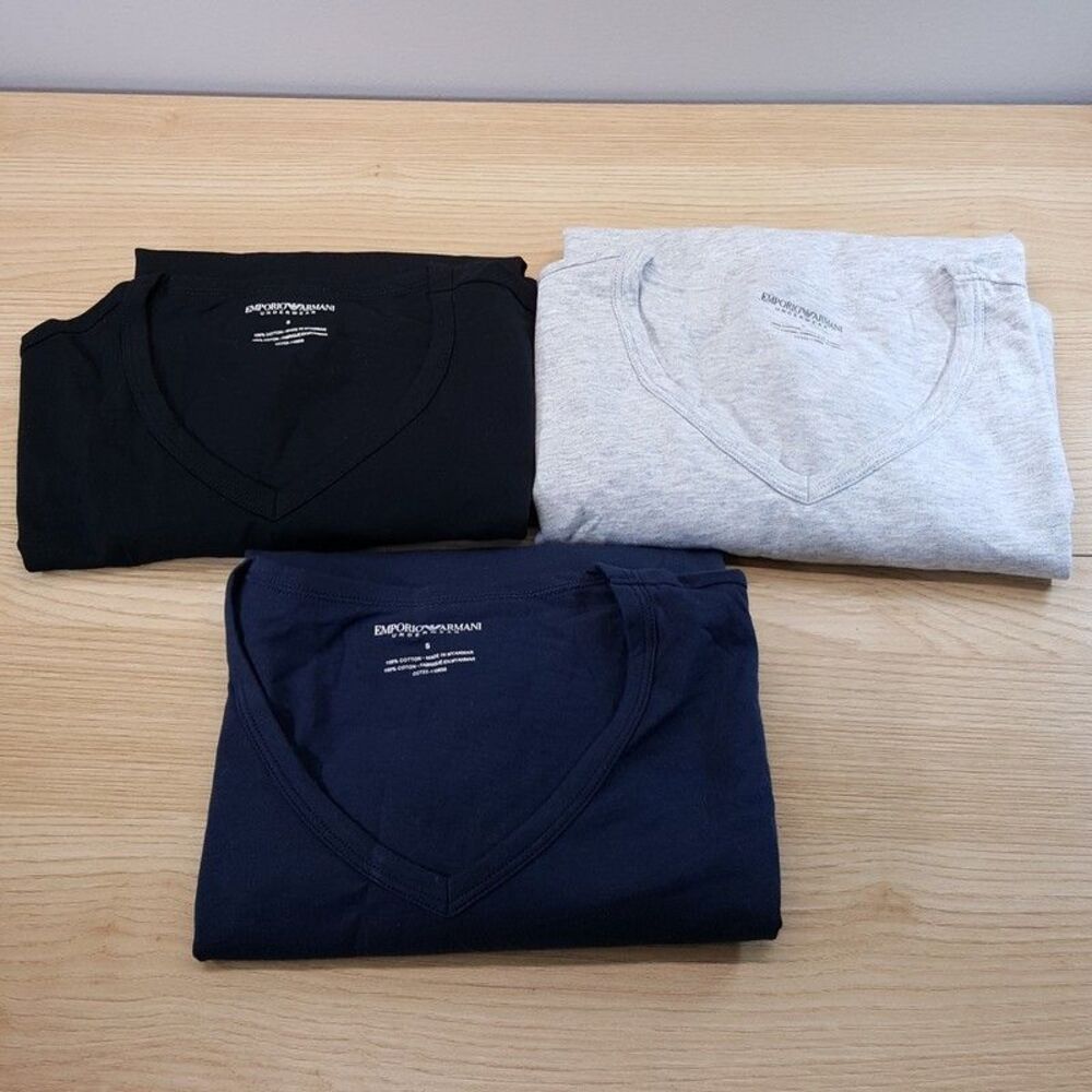EMPORIO ARMANI Shirt Mens Small Blue Black Grey 3-Pack Pullover V-Neck Logo Tee